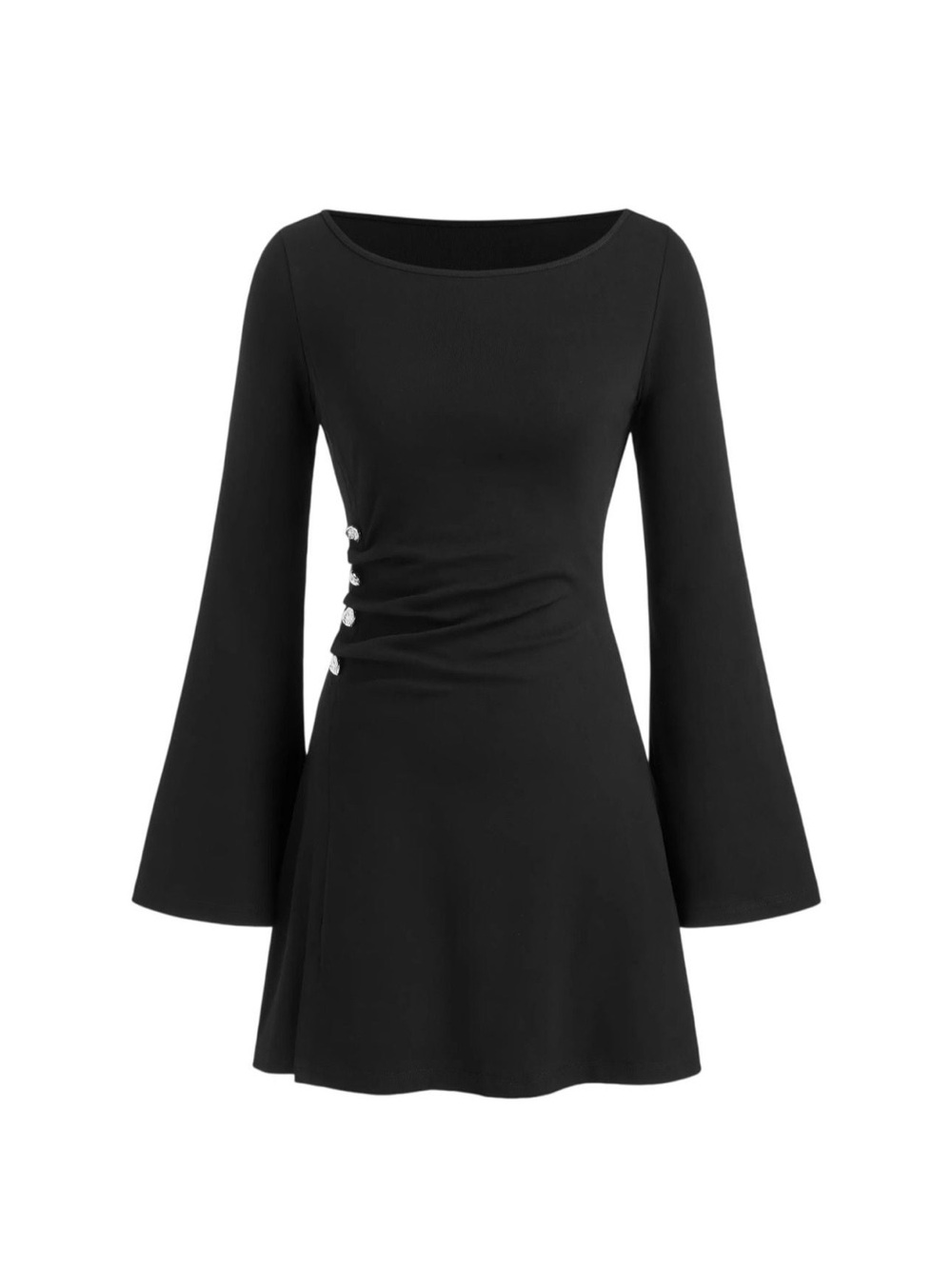 Cider Black Long-Sleeve Fit & Flare Dress with Side Buttons